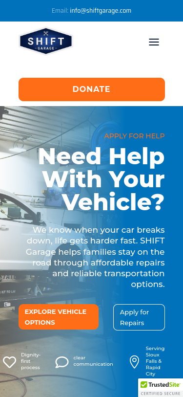 The shiftgarage.org homepage on a phone